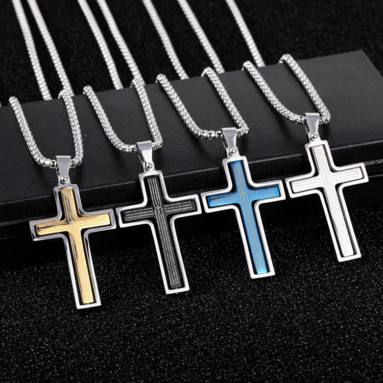 Fashion Rotating Double Stainless Steel Jewelry Cross Charm Engraved Bible Pendant Necklace for Men