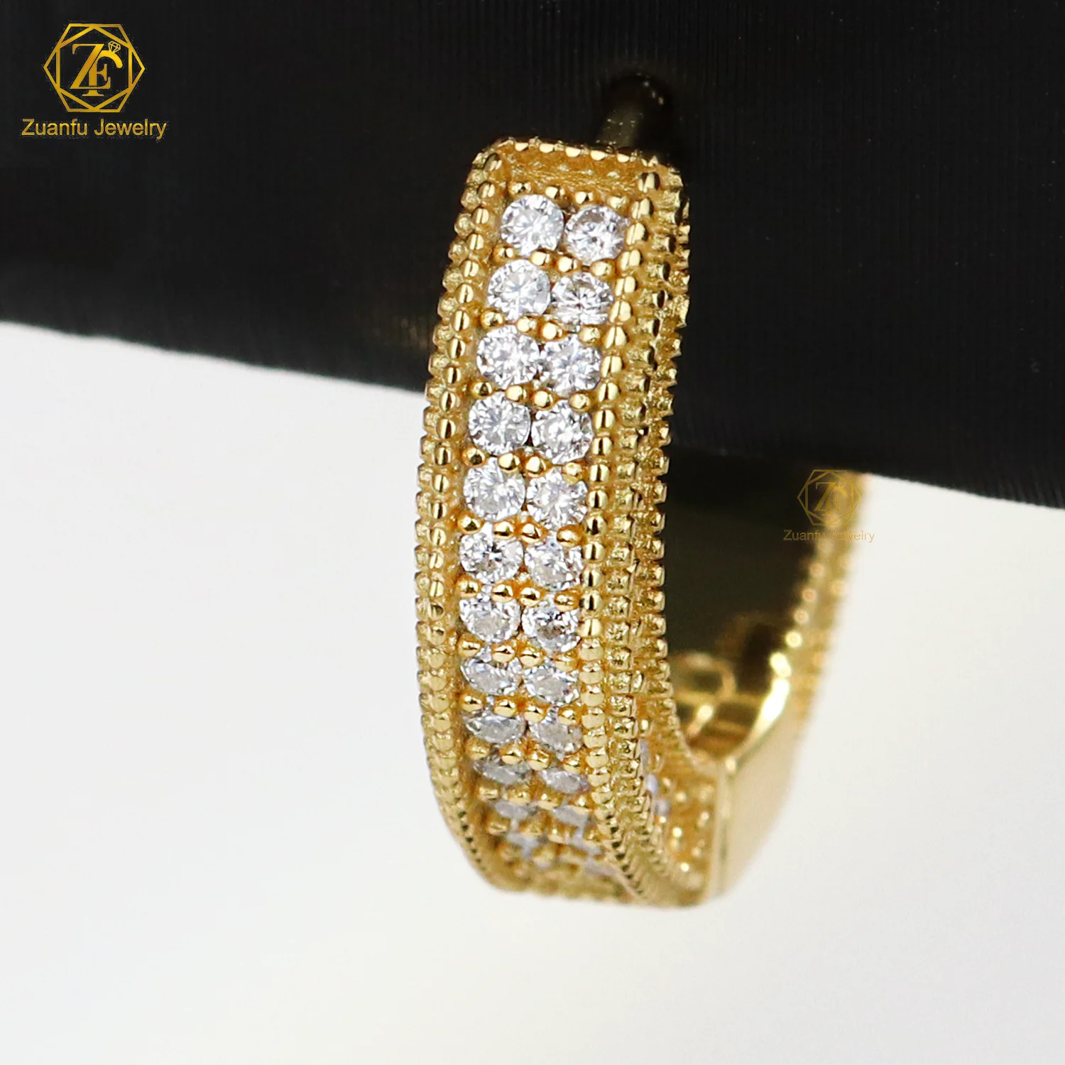 Unque Design Three Sides Paved Moissanite Diamond Hoop Earrings Waterproof Hypoallergenic Unisex 925 Silver Hiphop Earrings