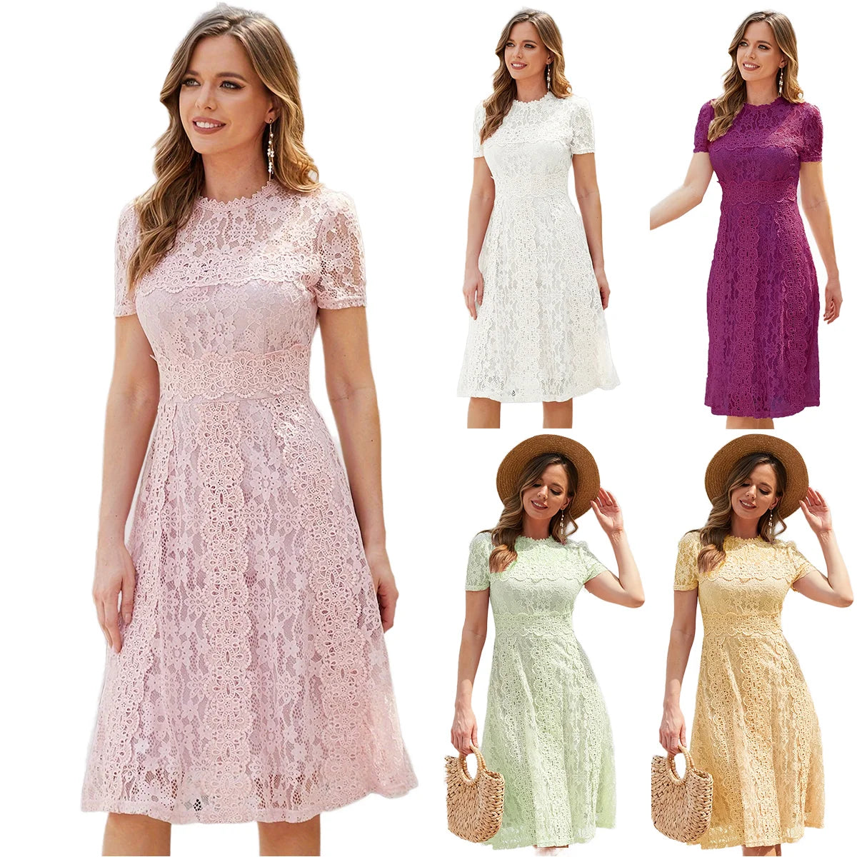Custom Color Lace Dress Manufacturer pink Full Lace Fashion Elegant Pary Dress Summer Casual Quality Embroidery Lace Midi Dress