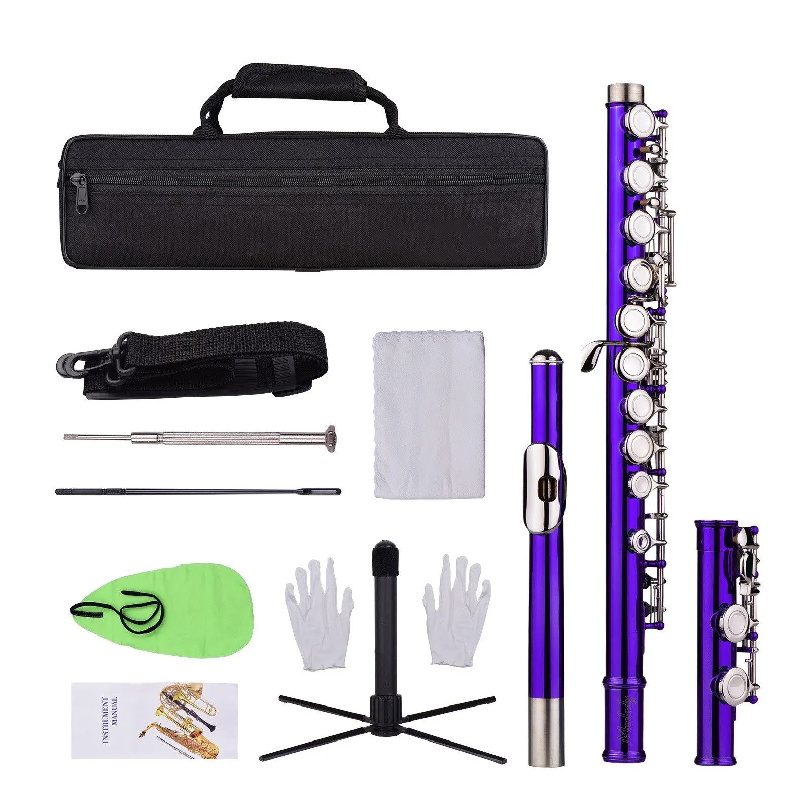 Closed Hole C Flute 16 Keys Cupronickel Nickel-plated Wind Instrument with Carry Case Flute Stand Cleaning Cloth Mini Scr
