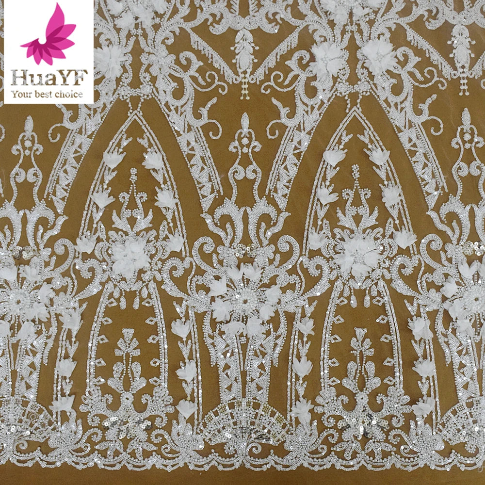 HY2867 2024 High Quality New Design White Beaded Flower Bridal Lace Embroidery Wedding Dress Lace Fabric