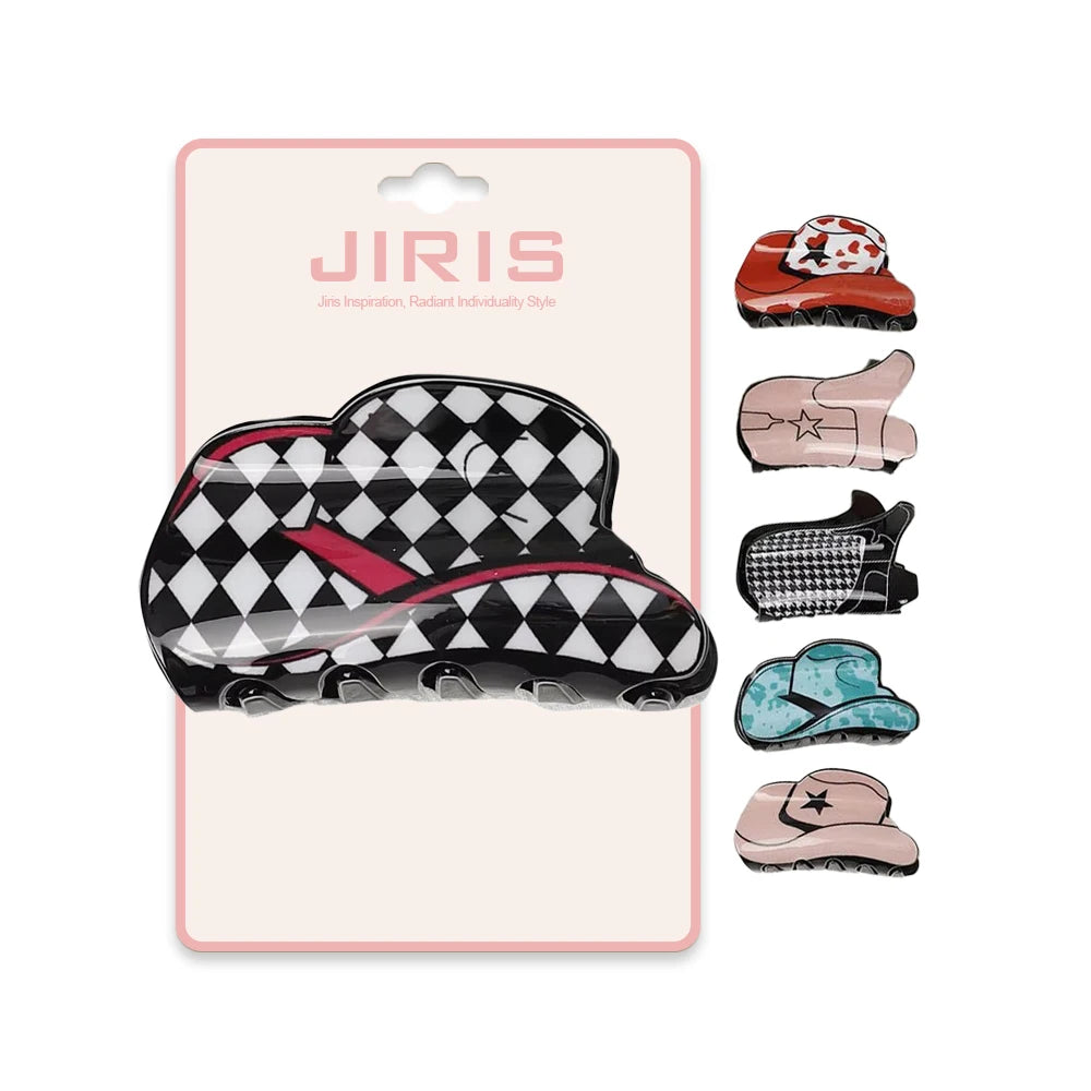 JIRIS Customized Women Hair Accessories Acrylic Western Cowboy Hat Cowboy Boots Look Popular Hair Clip Claw for Women Girls