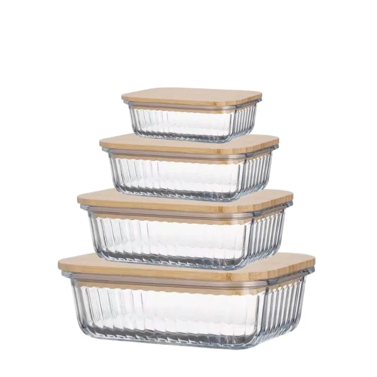 Bamboo Wood Lid Vertical Grain Glass Lunch Box sealed Bento Picnic Box Microwave Oven Heated Bento Rectangular Crisper Box