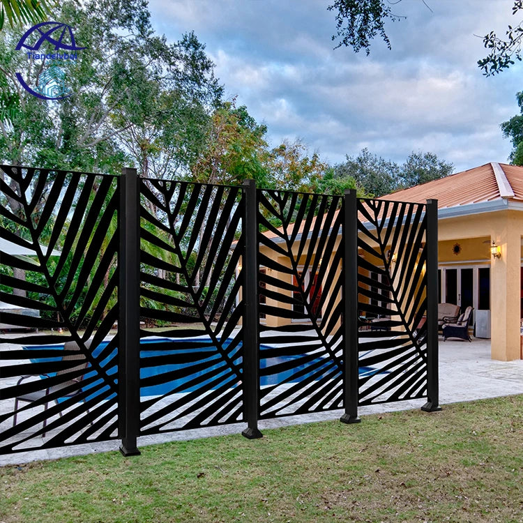 Modern Laser Cut Outdoor Aluminum Privacy Screen Black Palm Leaf Pattern Partition Decoration Fence Panels