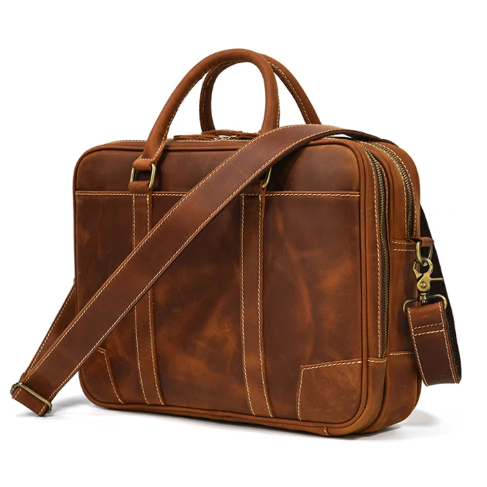Luxury Portable Genuine Leather Business Briefcase Wear-Resistant Shoulder Bag Top Layer Leather Brown Laptop Bag