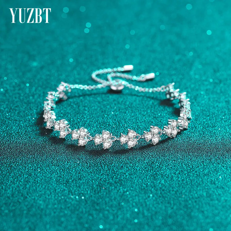 Silver 925 Original Total 4.2 Carat Excellent Cut Diamond Test Passed D Color Moissanite 3 Leaf Clover Bracelet Wedding Chain