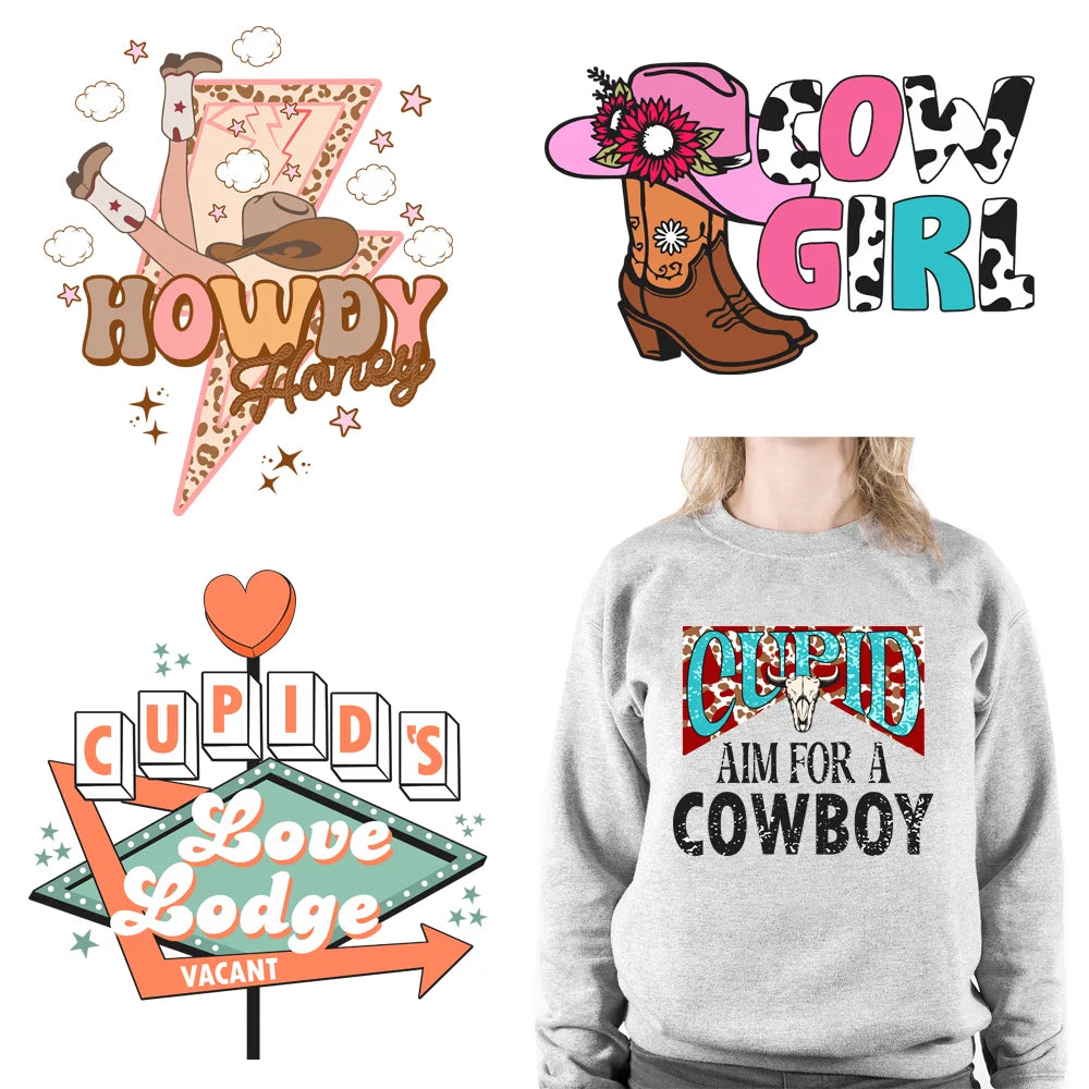 Hot Sale Howdy Valentine Day DTF Heat Transfer Sticker Custom Cupid Cowboy Valentine Heat Transfer Printing Sticker for T-shirt