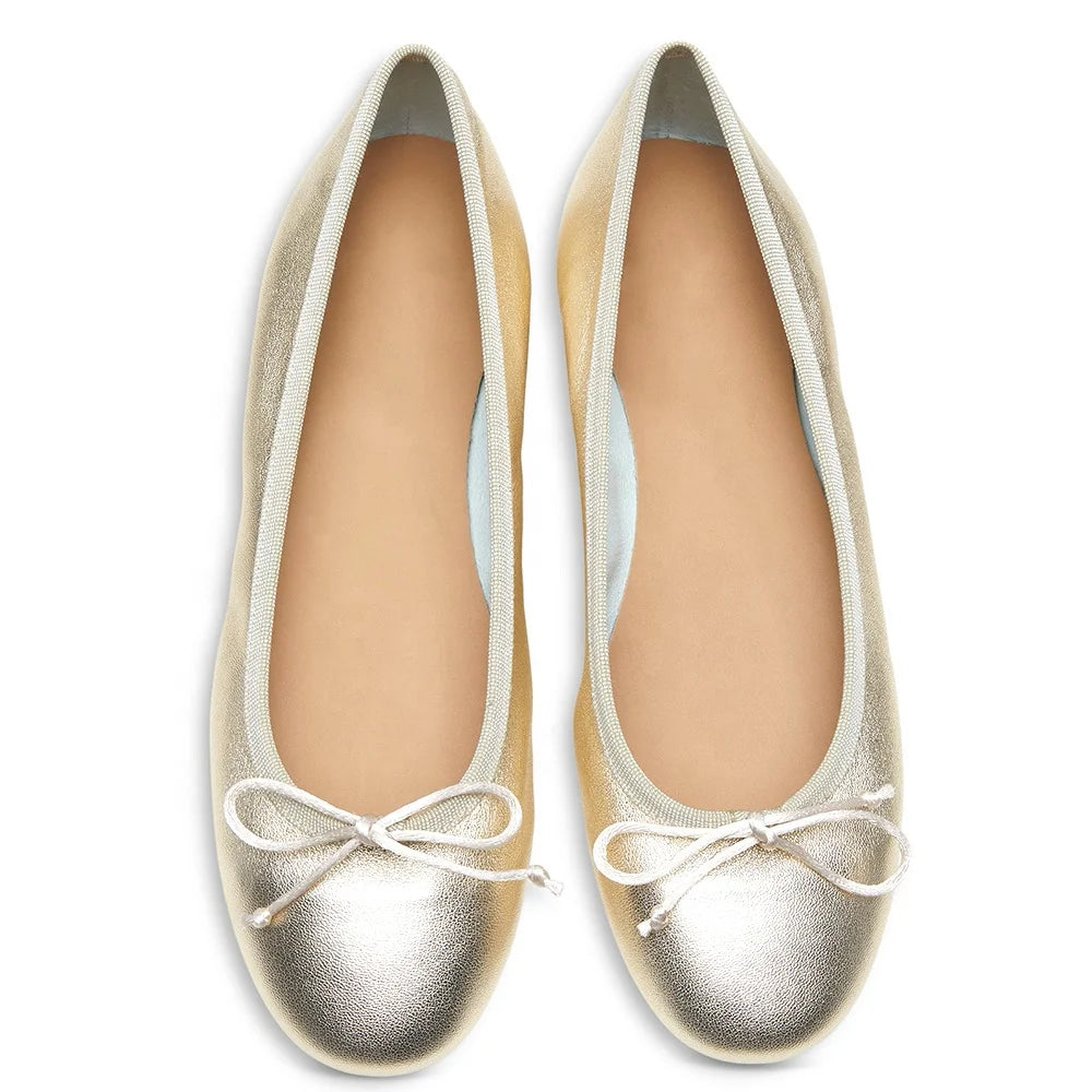 Plus Size Womens Metallic Leather Bow Embellished Classic Dolly Ballerina Ballet Flats Shoes for Women 2023