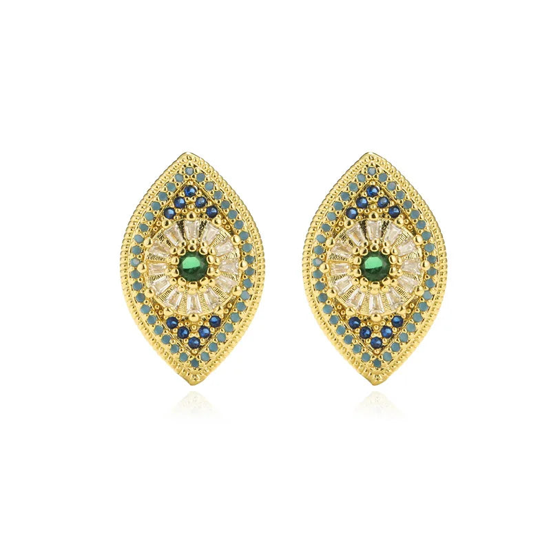 Micro-paved Zirconia Copper Gold Plated Evil Eye Stud Earrings
