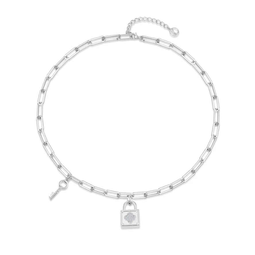 YILUN High Quality 925 Sterling Silver Rock Style Lock Key Charm Necklace Rhodium Plated Lola Paperclip Chain Necklace for Women