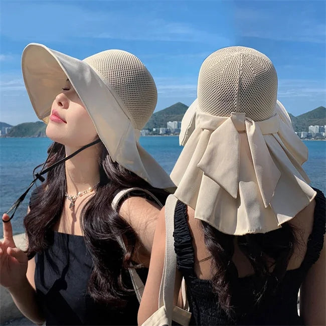 Latest 2023 Summer Lady Fashion Breathable Sun Screen Bucket Hats Women Big Brim Beach Sun Hat with Long Shawl and Bowknot