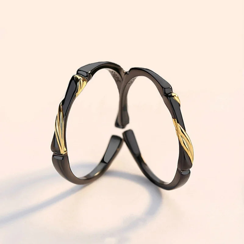 Valentine's Day Gift Men Women Plum Bamboo Couple Ring for Wedding Index Ring Creative Black Bamboo Gold Leaf Open Rings