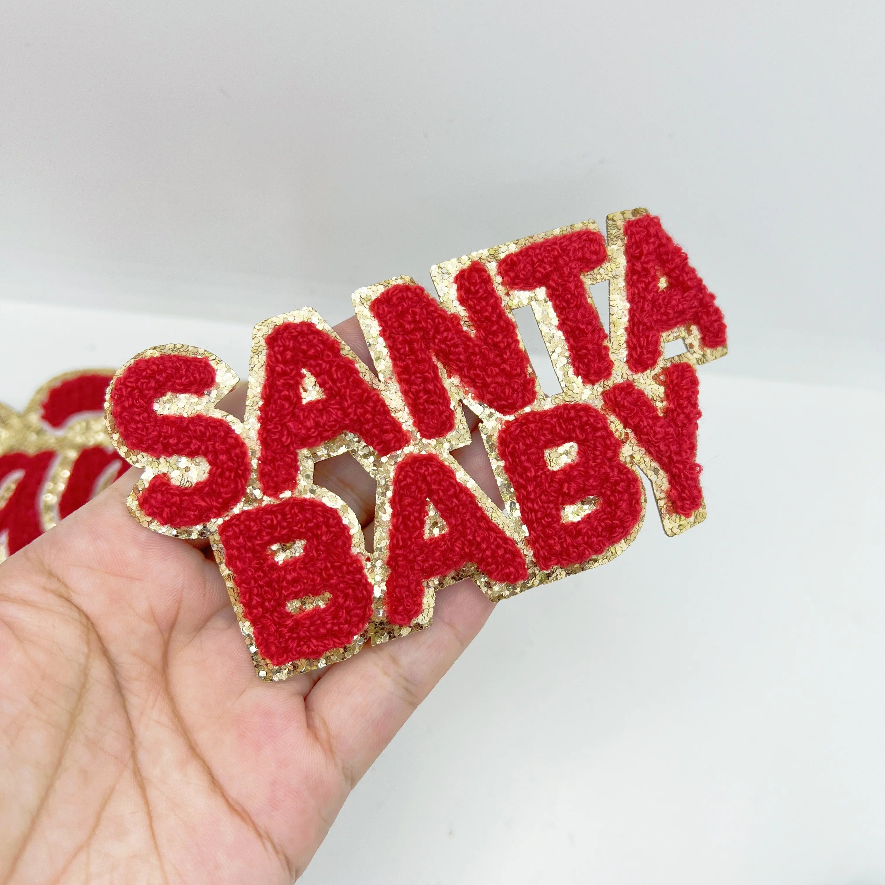 Custom Embroidered Eco-Friendly Twill Glitter Chenille SantaBaby Patch Christmas Iron Festival Style Small Size Fabric Hat