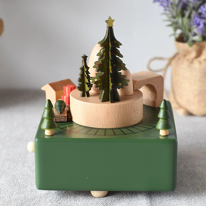 Wooden Custom Christmas Train Square Bottom Clockwork Music Box for Christmas Gifts