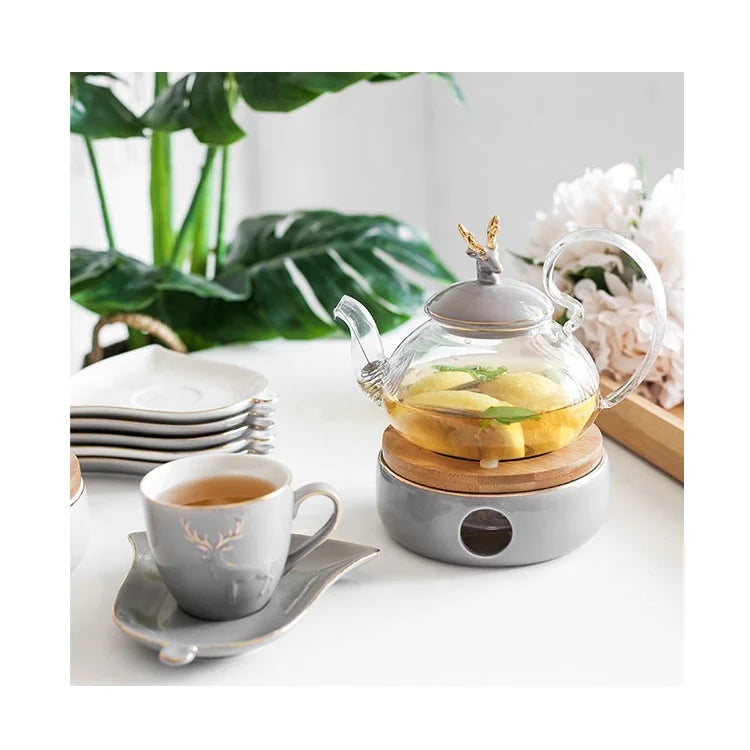 Modern High White Porcelain Eco-Friendly MIDAS Brand Teacup Coffee & Tea Sets with Teapot Warmer Ceramic Tea Pot and Cup Set