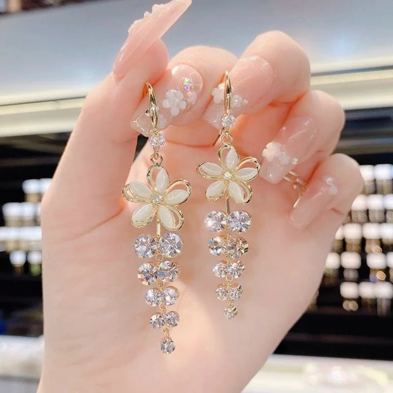 2021 New Arrival Crystal Long Tassel Earrings Opal Earrings Jewelry Flower Earrings for Women Girls