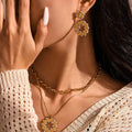 Trendy Jewelry Rhinestone Inlay Hollow Hoop Necklace Stainless Steel Crystal Diamond Donut Circle Hoop Pendant Jewelry Set