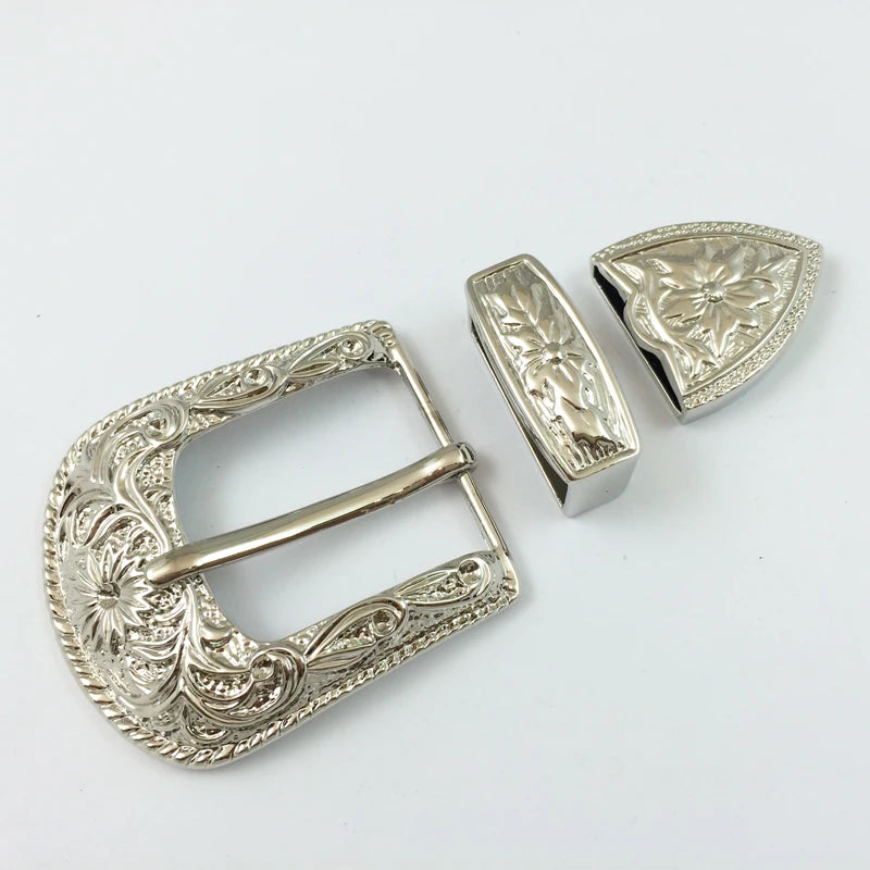 2025 Factory Sale Various Widely Flower Engraved 1.25 Inch 3 Piece Western Belt Buckle Set