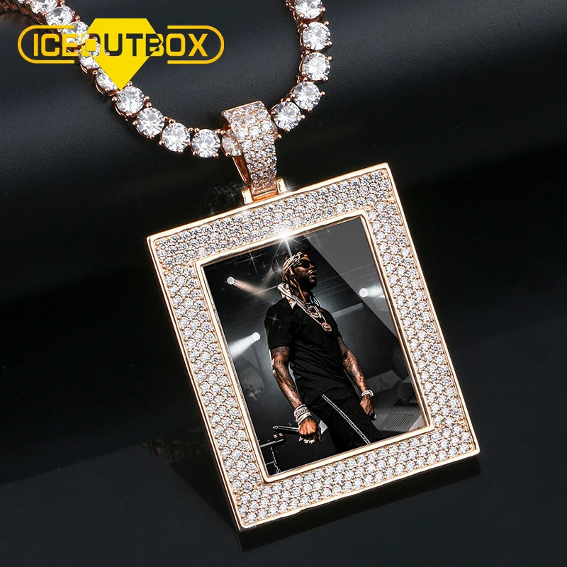 38mm Memory Pendant Cubic Zirconia Sublimation Necklace Gold Plated Iced Out Custom Photo Charm Necklace