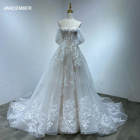Vine Floral Appliques Puffy Princess Structured Wedding Dress Boning Sheer Corset Lace Off Shoulder Bride Gowns Wm09