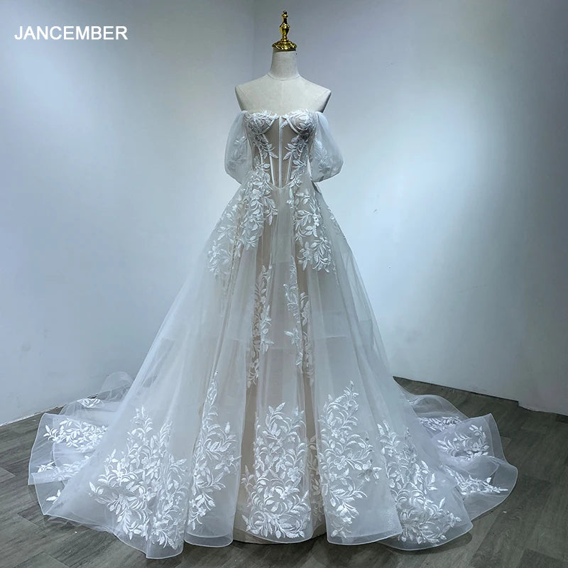 Vine Floral Appliques Puffy Princess Structured Wedding Dress Boning Sheer Corset Lace Off Shoulder Bride Gowns Wm09