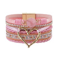 Boho Stackable Cuff Bangles Resin Stone Rhinestone Bracelets With Magnetic Clasp Love Heart Leather Wrap Bracelets for Women