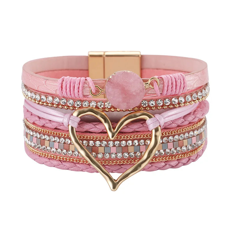 Boho Stackable Cuff Bangles Resin Stone Rhinestone Bracelets With Magnetic Clasp Love Heart Leather Wrap Bracelets for Women