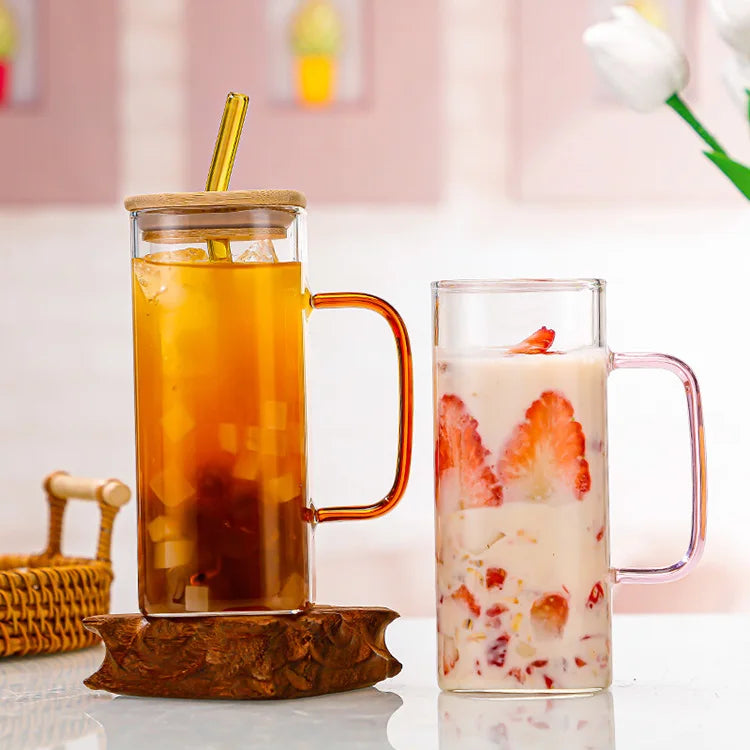 Glass Tumbler with Bamboo Lid and Glass Straw Clear Iced Coffee Cup with Colored Handle High Borosilicate Glass Water Mug