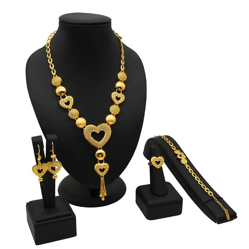 Jachon Dubai Gold Jewelry Sets for Women Heart Light Luxury Necklace Earrings Ring Bracelet Four-piece Jewelry Set