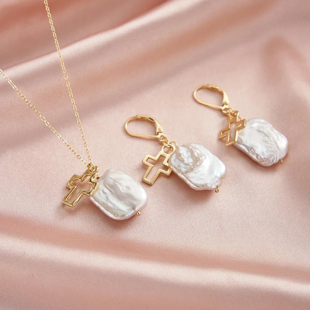 RINNTIN GPN79 Cross Pendant Jewelry Set 925 Sterling Silver Baroque Pearl Necklace Earrings Simple Jewelry