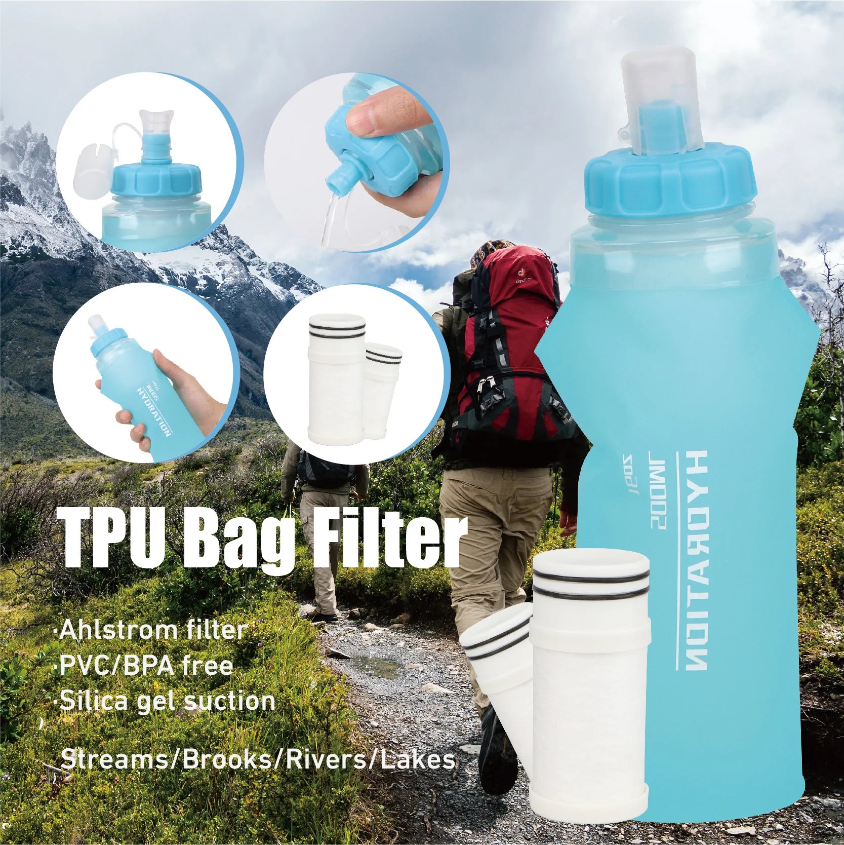 Manual Leak Proof Blue/White 100g Water Filter Bag Custom Logo OEM/ODM Available Portable Outdoor Drinking Hiking Purification