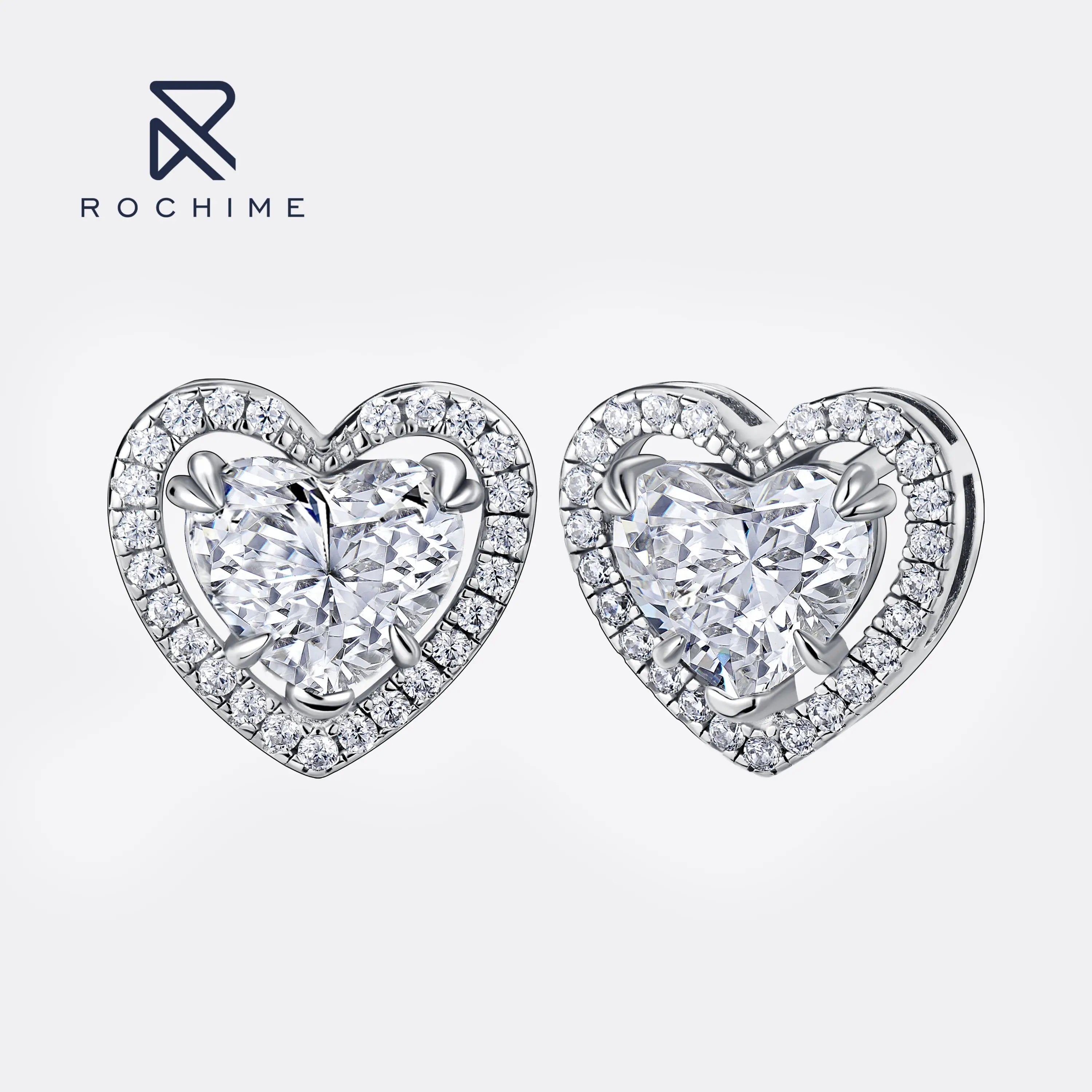 Rochime Designer love Heart halo Cz Diamond  Stud Earrings  925 Sterling Silver Rhodium Plated Zircon Fine Jewelry for Girls