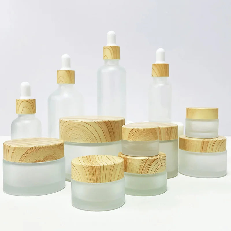 Wholesale Water Transfer Printed 20ml 30ml 50ml 100ml Frosted Clear Eye Cream Glass Bamboo Cosmetic Jars