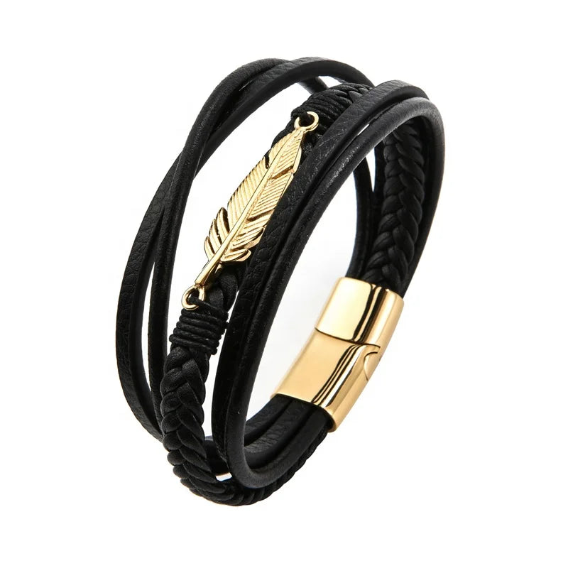 NewStyle  Couple Stainless Steel Leather Leaf Sister Bracelet of Magetic Clasps and Multi-lay Bangle Jewelry