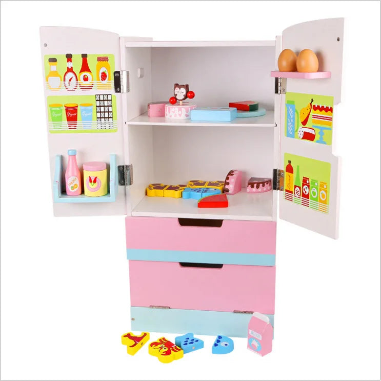 Custom Pink Wooden Large  Wooden Kitchen Double Door Mini Refrigerator Toy for Girls