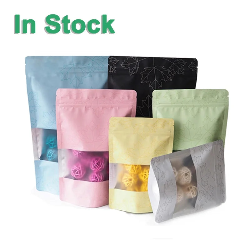 Maple Leaf Pattern Printed Stand up Reclosable Ziplock Food Packaging Pouch Bags With Matte Window