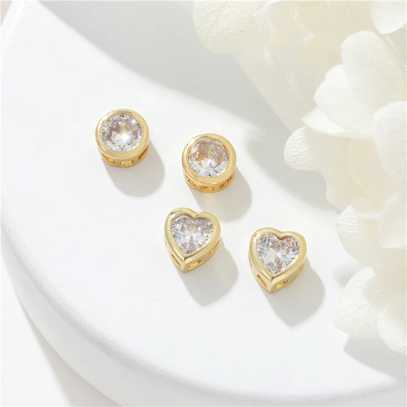 Wholesale Clear Heart Round Cubic Zircon Spacer Bead Brass 14K Gold Plated Bead Charms Jewelry Making Accessories