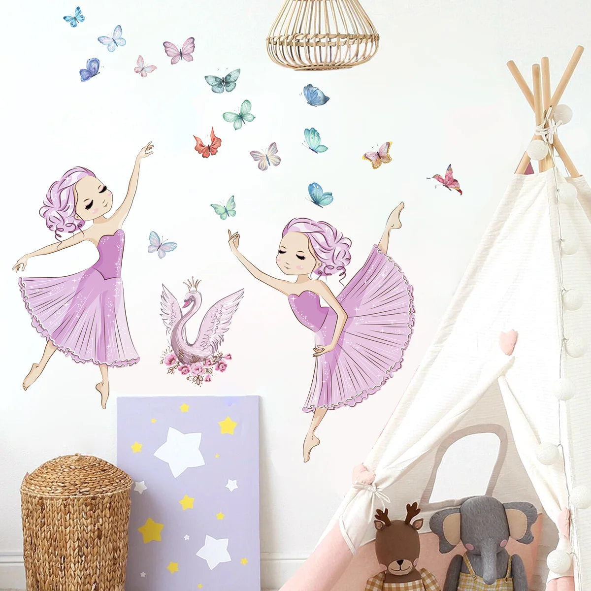 Ballerina Girl Wall Sticker Cartoon Girl Swan Decals Living Room Decorative Wallpaper