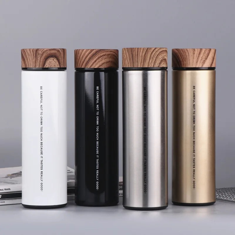 500Ml Wood Grain Insulated Thermos Cup Stainless Steel Vacuum Flask Double Wall Tumblers Bamboo Water Bottle With Lid