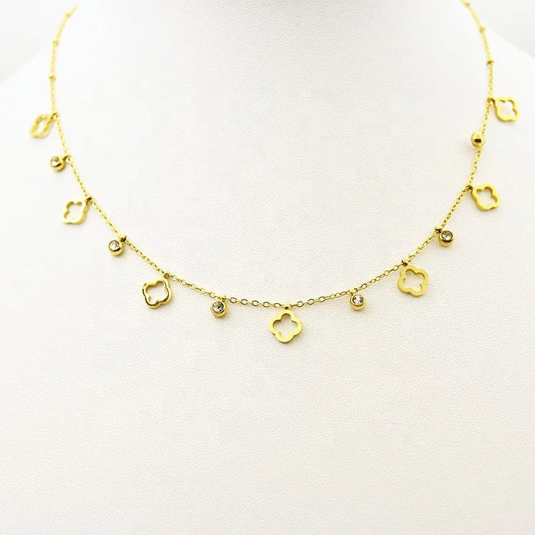 New Design Classic Stainless Steel Gold Plated Box Chain Flower Shape Zircon Charm Pendant Necklace Anniversary Factory