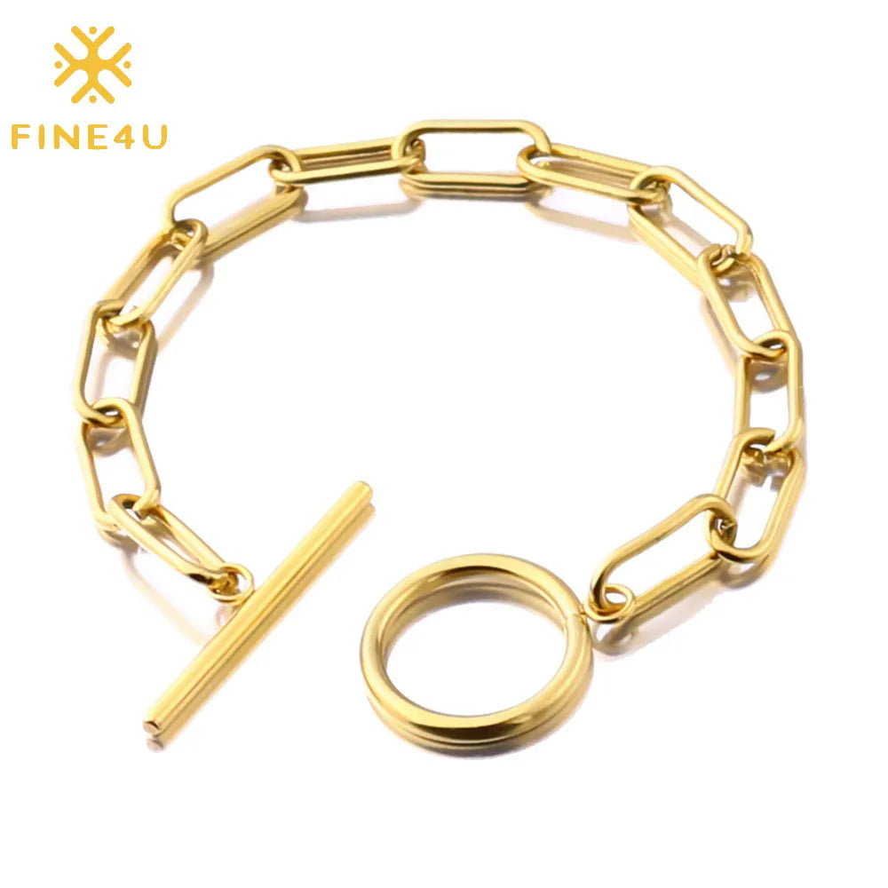 Fashion Jewelry Bijoux Acier Inoxydable Ot Buckle Women Stainless Steel 18K Gold Plated Paperclip Chain Bracelet