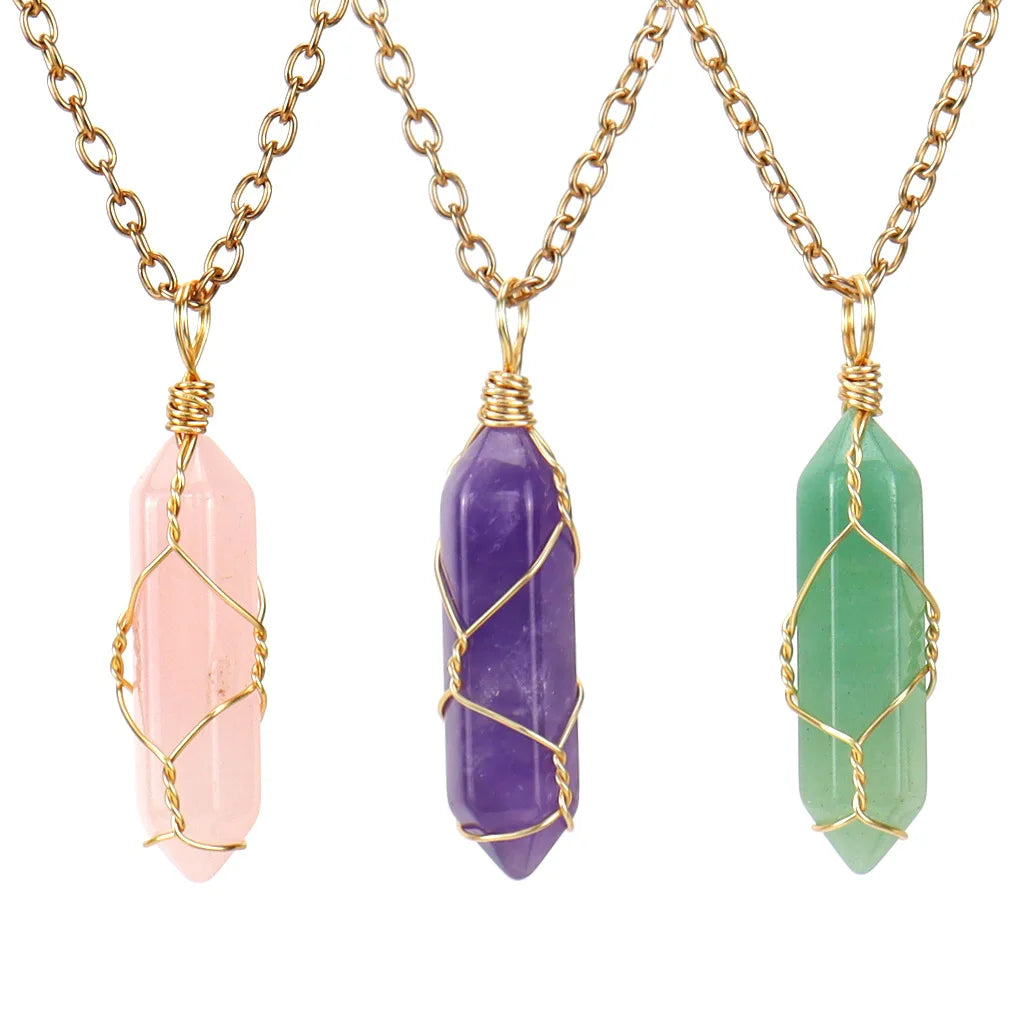 Natural Jade Stone Necklace Jewelry Bullet Shape Rose Quartz Necklace Wrapped Wire Hexagon Healing Crystal Necklace