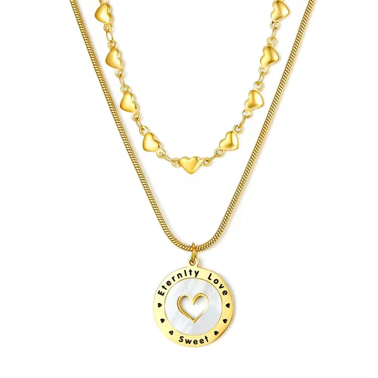 Wholesale Small Heart Charms Chain Double Layers Round Pendant Hollow Heart Custom logo Shell Pendant Necklace for Women