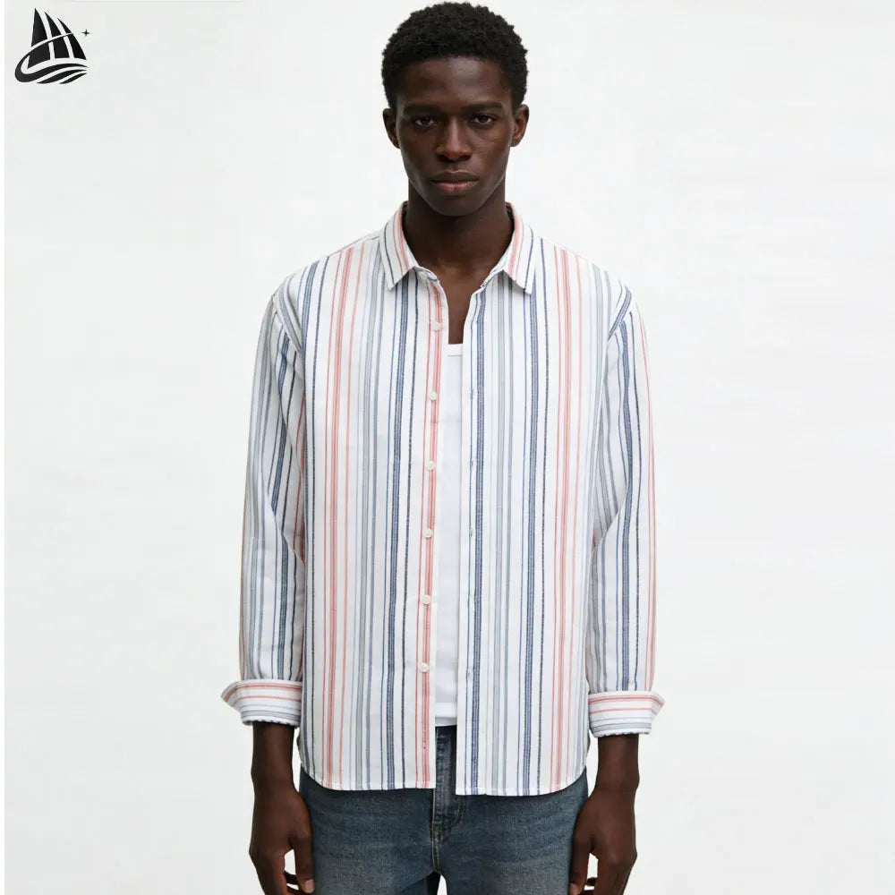 High Quality Hit Color Striped Long Sleeve Men's Casual Loose Linen Shirt