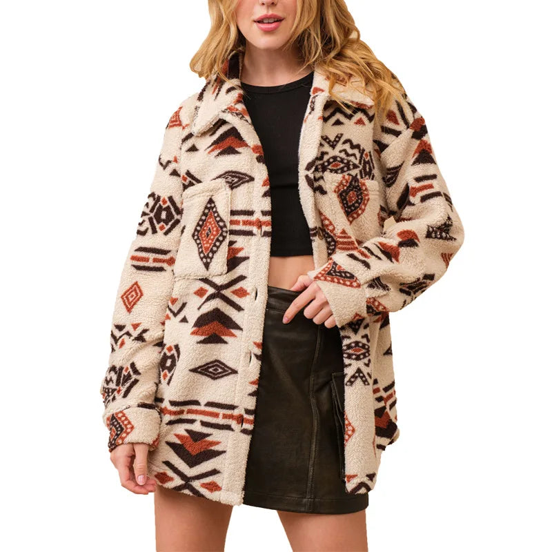 Hot Selling Vintage Aztec Fleece Shacket Jacket Button Down Long Sleeve