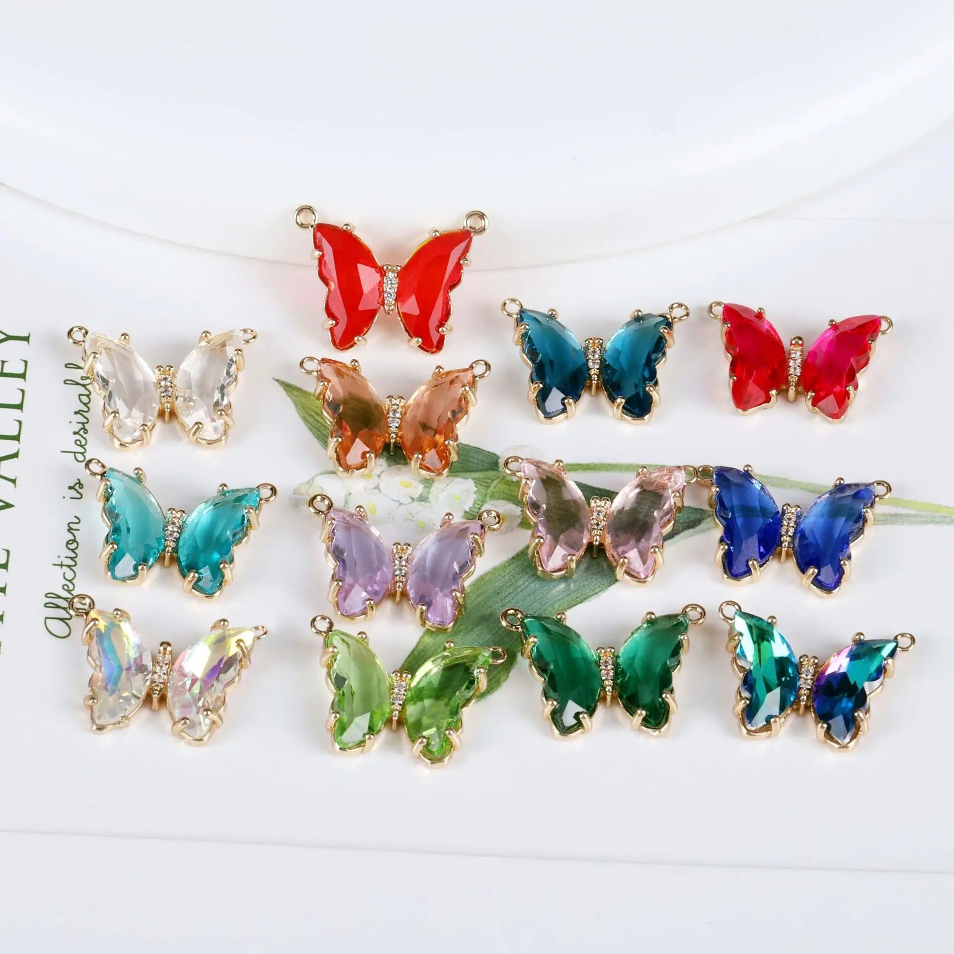 Trendy Black Red Blue Clear Purple Gemstone Butterfly Pendant Gold Plated Brass Crystal Butterfly Open Pendant for Women
