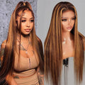 Wholesale 13*4 Frontal Honey Blonde Wigs Real Human Hair Long Straight Glueless Lace Front Wigs 4/30 Brown Blonde Highlight Wig