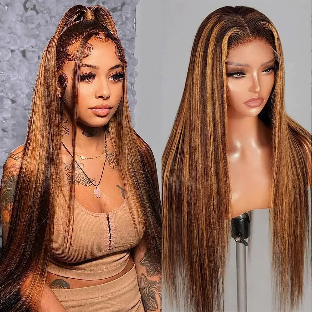 Wholesale 13*4 Frontal Honey Blonde Wigs Real Human Hair Long Straight Glueless Lace Front Wigs 4/30 Brown Blonde Highlight Wig