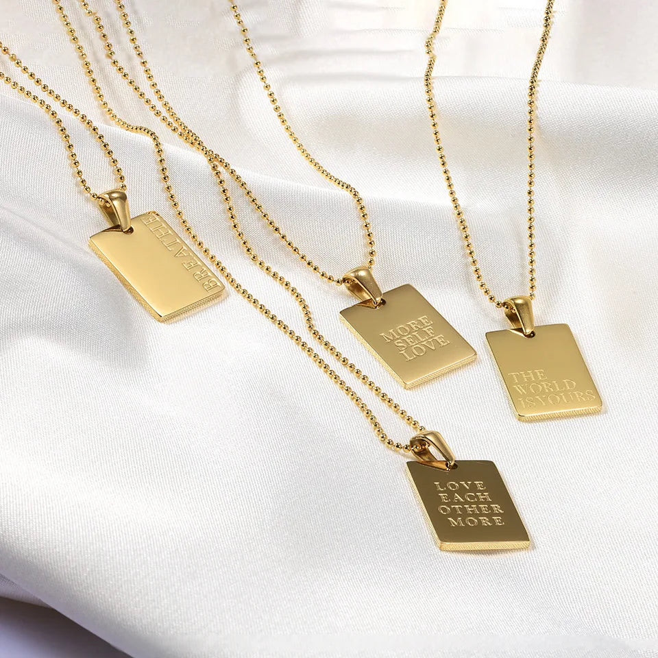 More Self Love 18K Gold Plated Stainless Steel Custom Jewelry Square Geometric Pendant Letter Tags Logo Chain Necklace