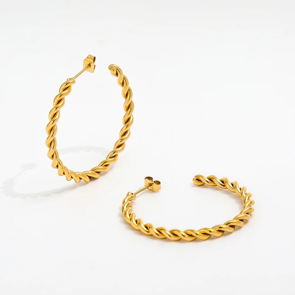 Trendy  Fashion Jewelry 18K Gold Plated Twisted Rope Chain Big Stainless Steel  Hoop Earrings for Women